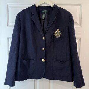Ralph Lauren 100% Linen Navy Gold Button Crest Emblem Bolero Blazer Size 18W